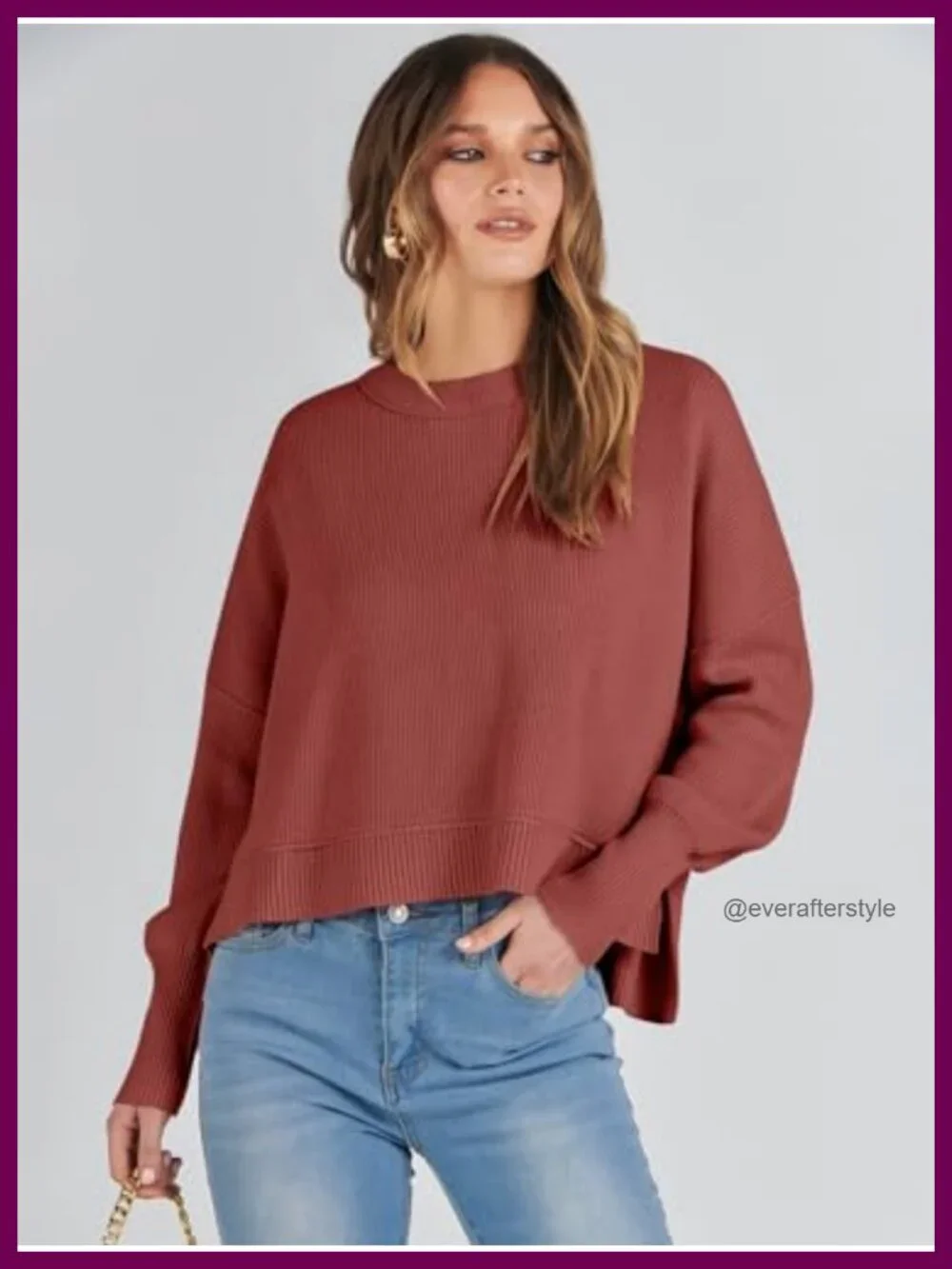 Oversized Cropped Pullover Sweater Batwing Sleeve Side Slits Viscose Blend